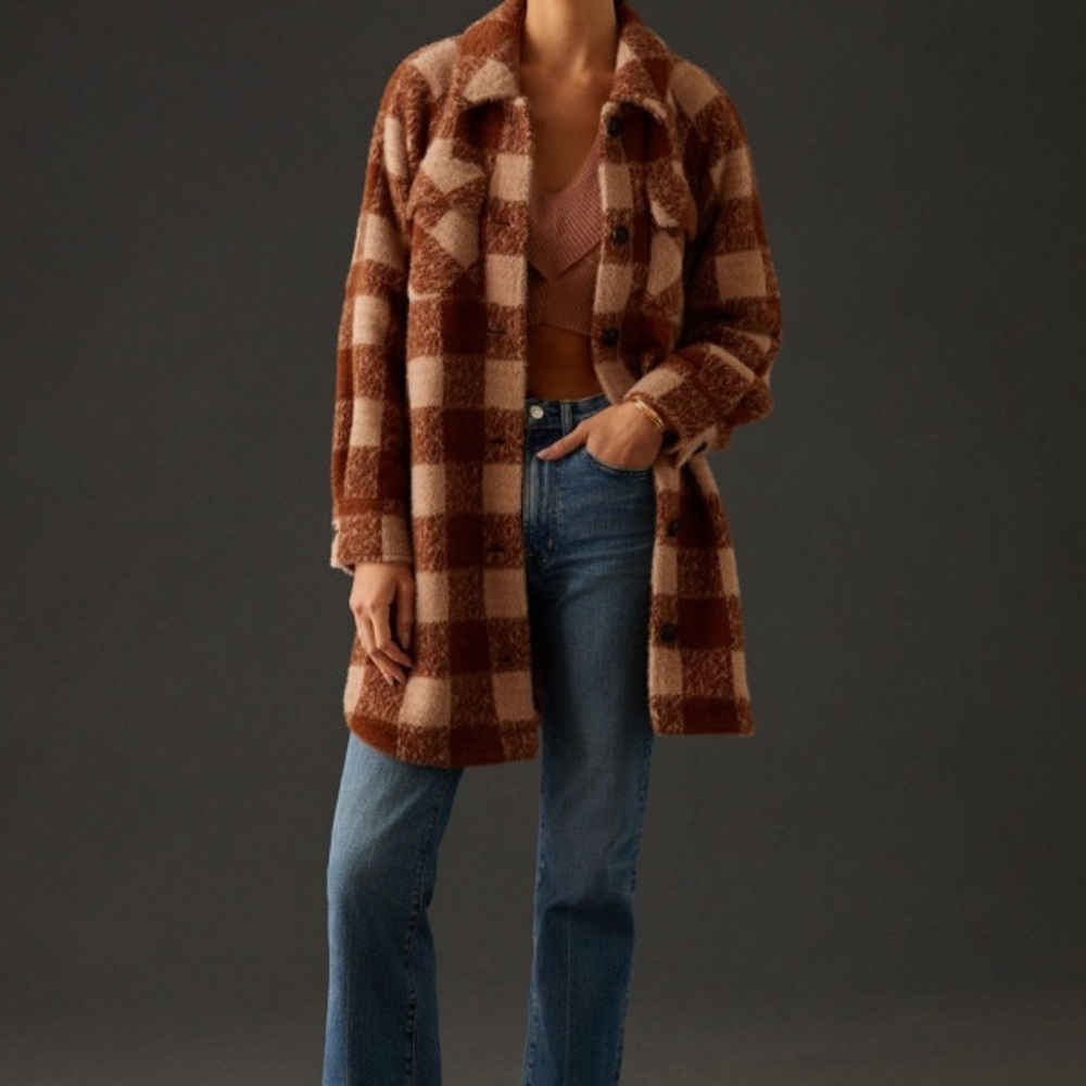 Greylin Anthropologie Brown Copper Plaid Teddy Jacket NWT Size XS